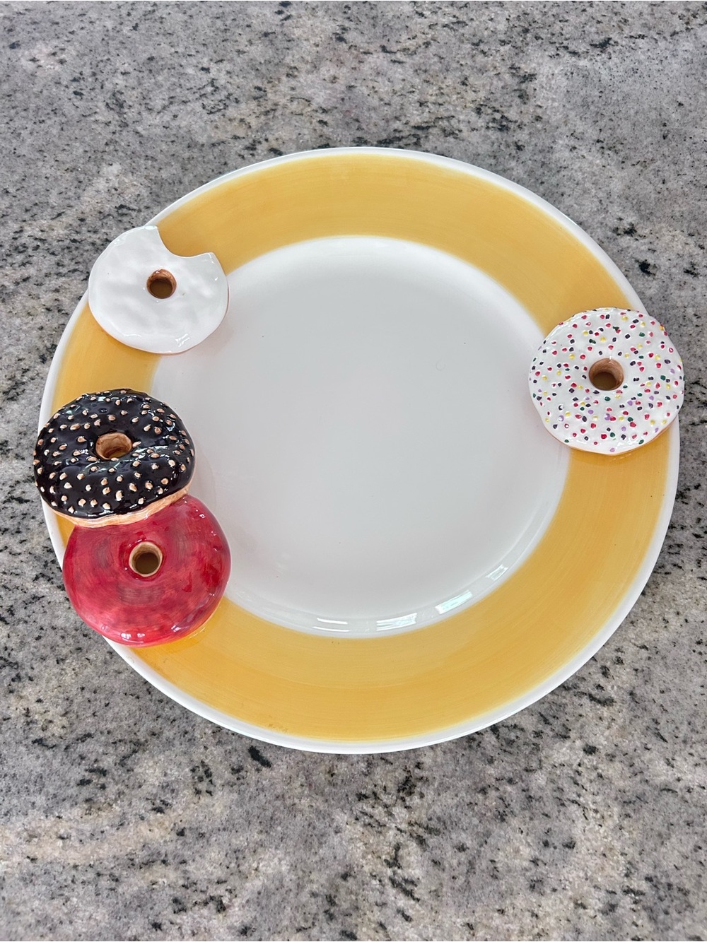 Ceramic Yellow and White Decorative Serving Plate with 3D Donut Accent